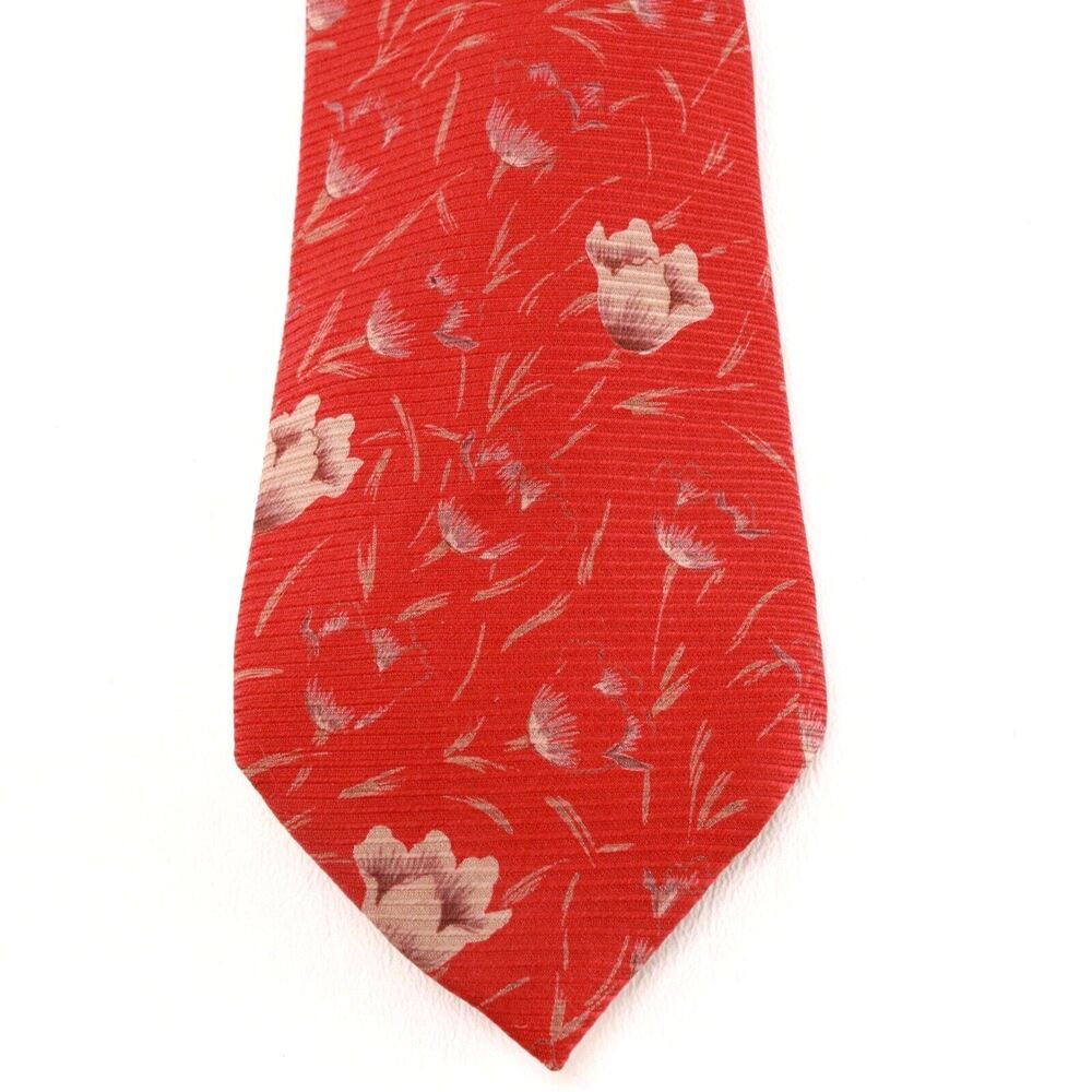 Vintage Hanae Morai Tie Mens 58 in Silk Red Floral Asia Inspired Print Wide